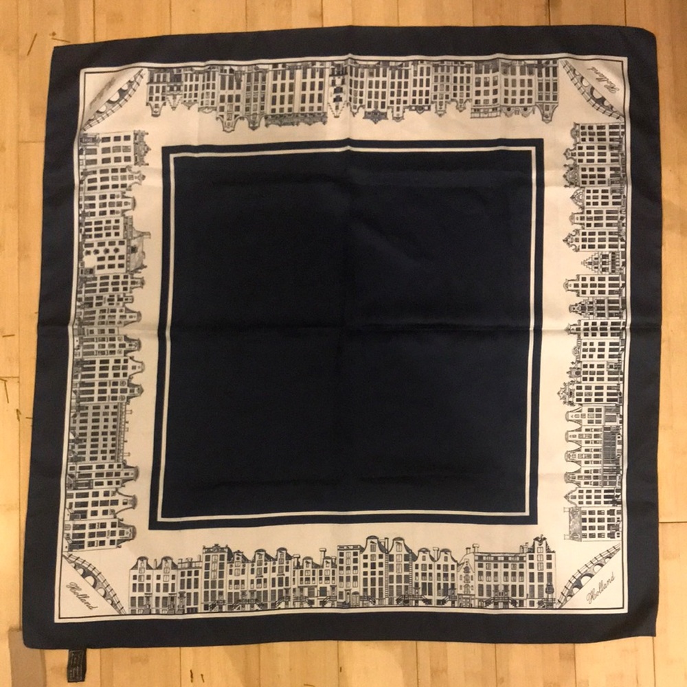Navy and White Holland Cityscape Scarf, Vintage